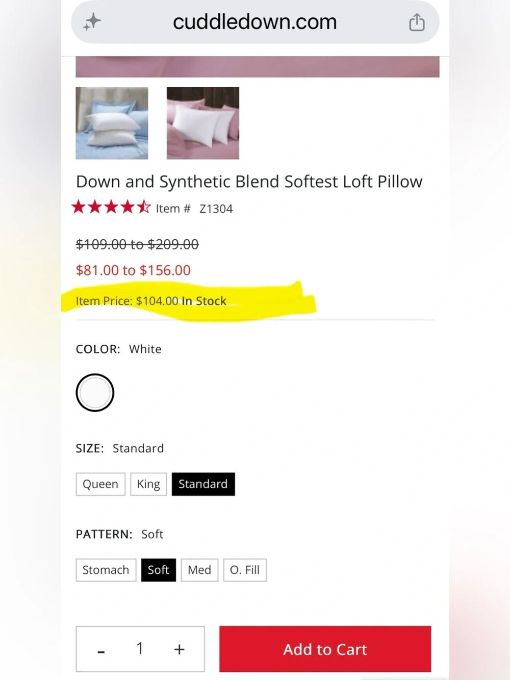 Cuddledown 50% White Duck Down 50% Synthetic fill standard pillow NWT
